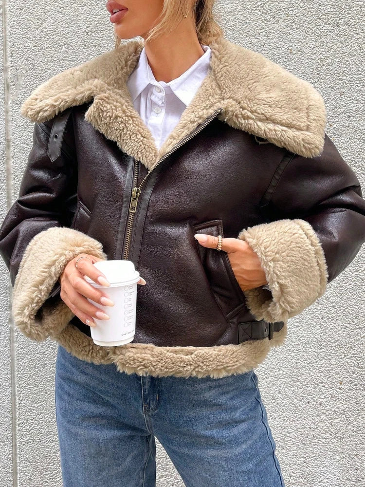 Bomber Jackets- Women Shearling-Lined Bomber - Cozy Faux Leather Jacket- - IndioGear.com