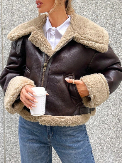 Bomber Jackets- Women Shearling-Lined Bomber - Cozy Faux Leather Jacket- - IndioGear.com