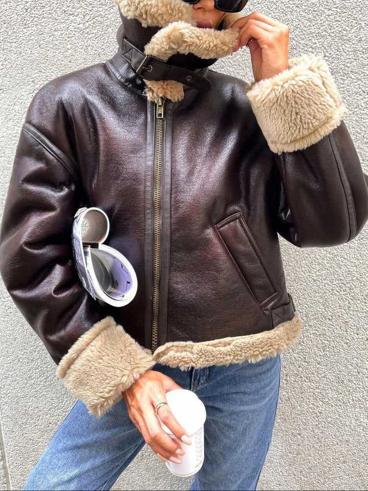 Bomber Jackets- Women Shearling-Lined Bomber - Cozy Faux Leather Jacket- - IndioGear.com