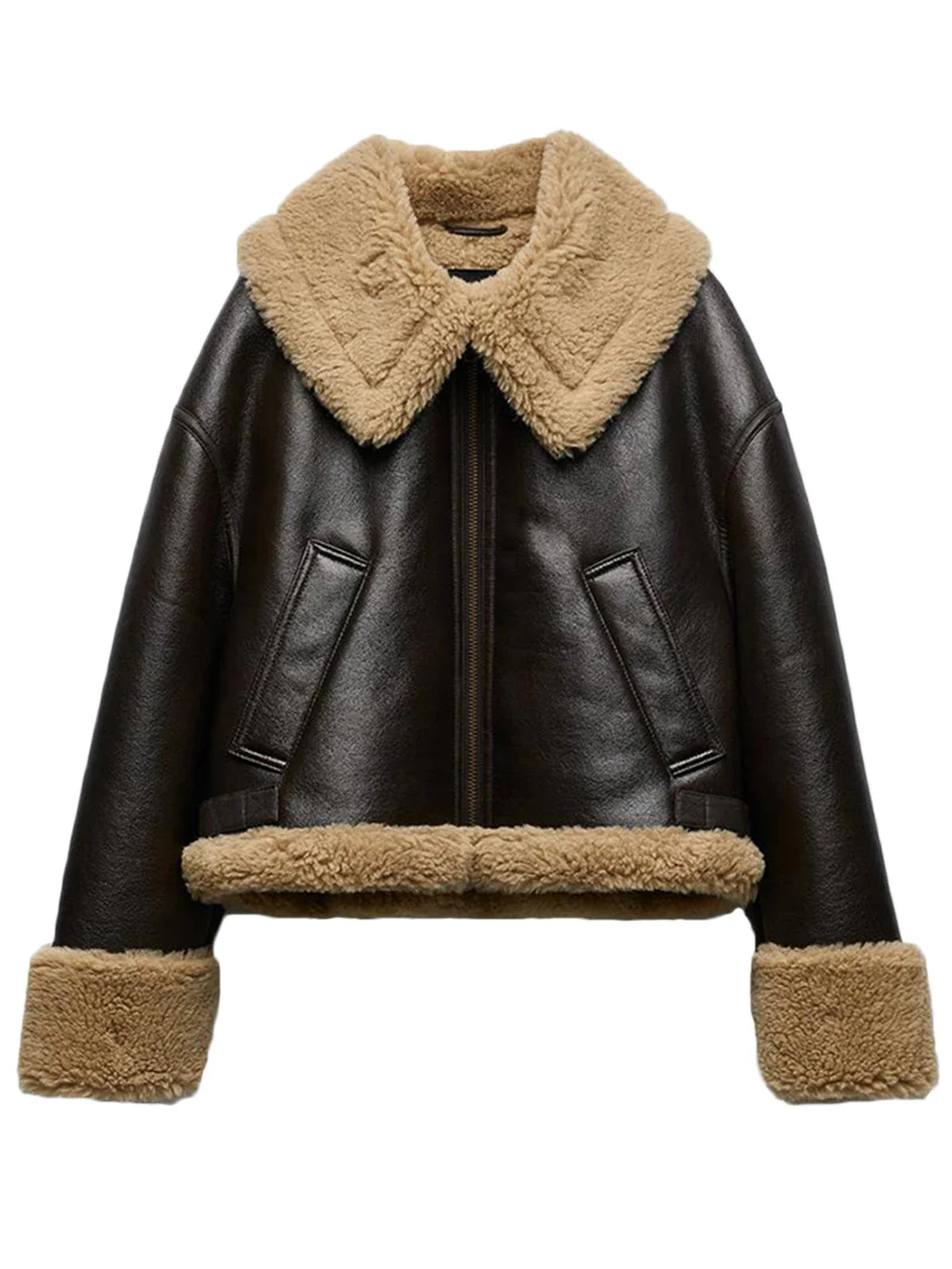 Bomber Jackets- Women Shearling-Lined Bomber - Cozy Faux Leather Jacket- Brown- IndioGear.com