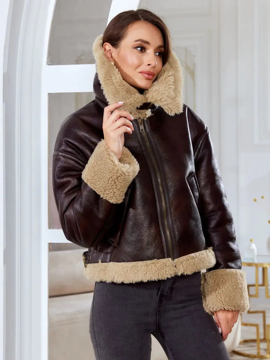 Bomber Jackets- Women Shearling-Lined Bomber - Cozy Faux Leather Jacket- - IndioGear.com