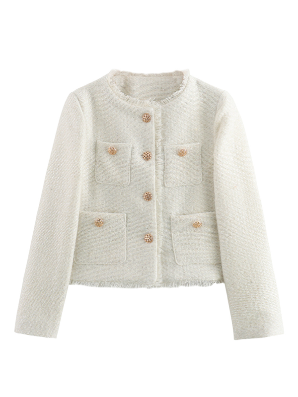 Bouclé Jackets- Elegant Bouclé Jacket – Your Go-To for Every Season- White- IndioGear.com