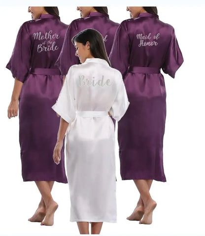 Bridal Shower Party- Royal Purple & White Satin Bridal Party Robes Set- - IndioGear Women Clothing