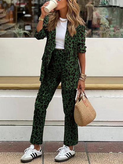 Business Outfits- Leopard Print Business Casual Suit for Women Pants & Blazer- Green- IndioGear Women Clothing