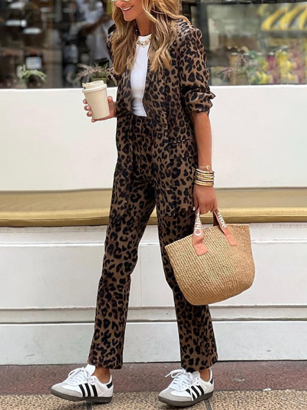 Business Outfits- Leopard Print Business Casual Suit for Women Pants & Blazer- Dark Brown- IndioGear Women Clothing