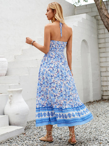 Cami Dresses- Boho Garden Halter Neck Floral Midi Dress- - IndioGear.com