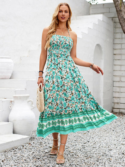 Cami Dresses- Boho Garden Halter Neck Floral Midi Dress- - IndioGear.com