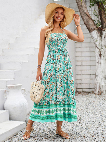 Cami Dresses- Boho Garden Halter Neck Floral Midi Dress- - IndioGear.com