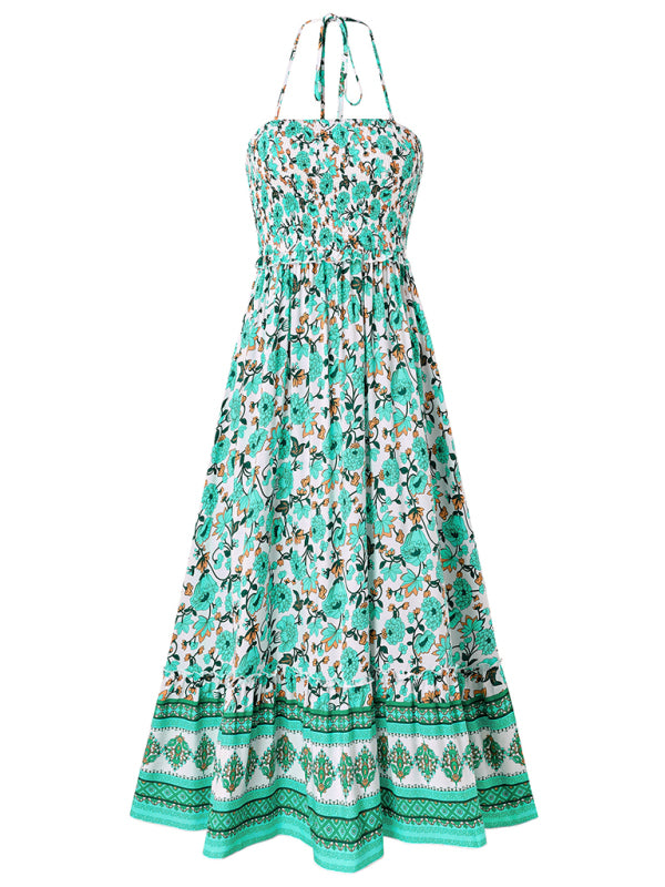 Cami Dresses- Boho Garden Halter Neck Floral Midi Dress- - IndioGear.com