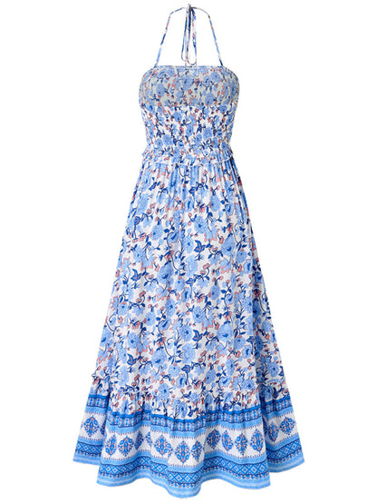 Cami Dresses- Boho Garden Halter Neck Floral Midi Dress- - IndioGear.com