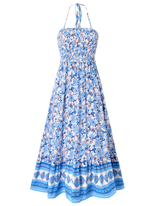 Cami Dresses- Boho Garden Halter Neck Floral Midi Dress- - IndioGear.com