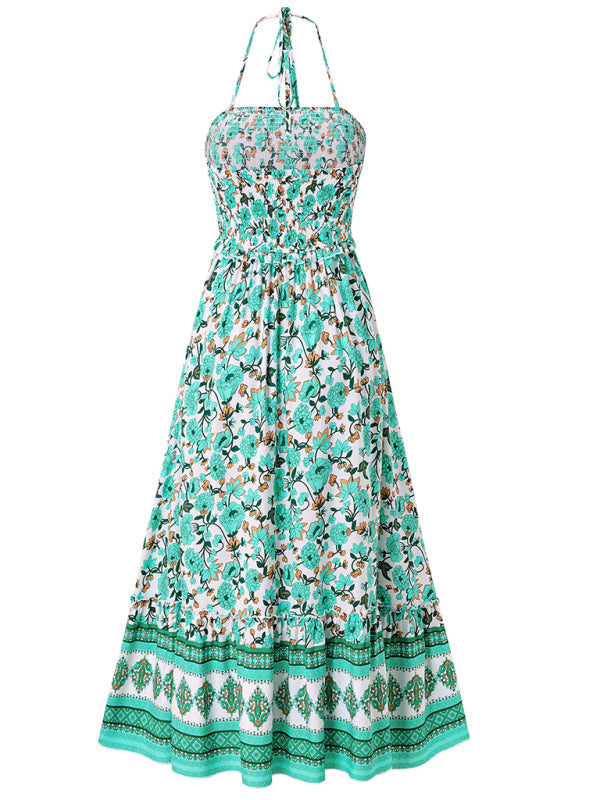 Cami Dresses- Boho Garden Halter Neck Floral Midi Dress- - IndioGear.com