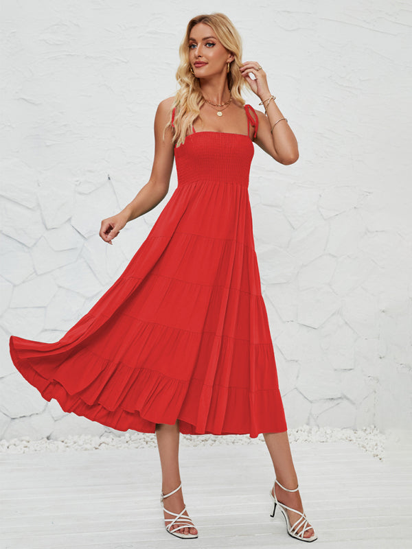 Cami Dresses- Boho Solid Women's Tie-Shoulder Smocked Bodice Midi Dress- Red- IndioGear Fashion and Gear