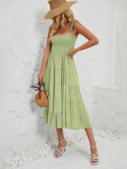 Cami Dresses- Boho Solid Women's Tie-Shoulder Smocked Bodice Midi Dress- Grass green- IndioGear Fashion and Gear