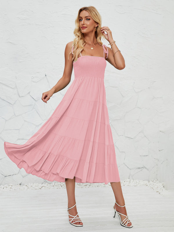 Cami Dresses- Boho Solid Women's Tie-Shoulder Smocked Bodice Midi Dress- Pink- IndioGear Fashion and Gear