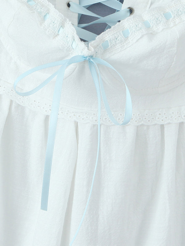 Cami Dresses- Cotton Romantic Empire Dress with Contrast Lace-Up Ribbon Back- - IndioGear Fashion and Gear