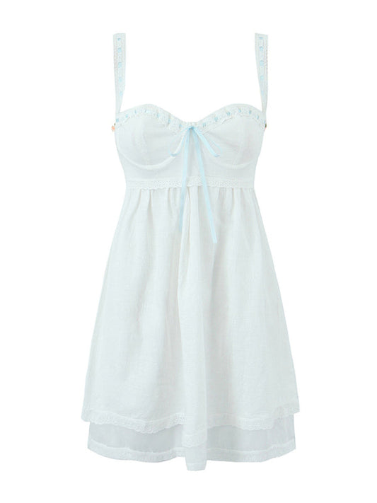 Cami Dresses- Cotton Romantic Empire Dress with Contrast Lace-Up Ribbon Back- White- IndioGear Fashion and Gear