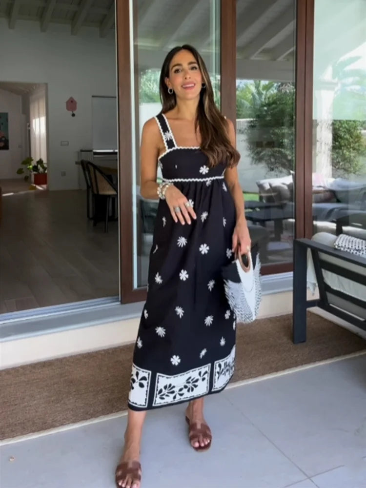 Cami Dresses- Floral Ric-Rac Trim Midi Dress for Summer Days- - IndioGear.com