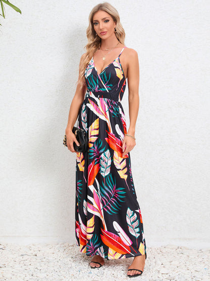 Cami Dresses- Garden Party Women's Cami Maxi Dress with Tropical Print- Pattern1- IndioGear Fashion and Gear