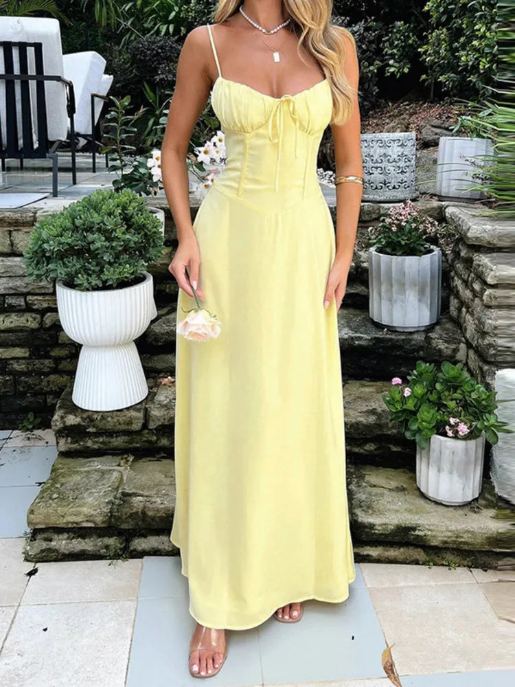 Cami Dresses- Pastel Yellow Maxi Dress for Elegant Daytime Events- - Chuzko Women Clothing