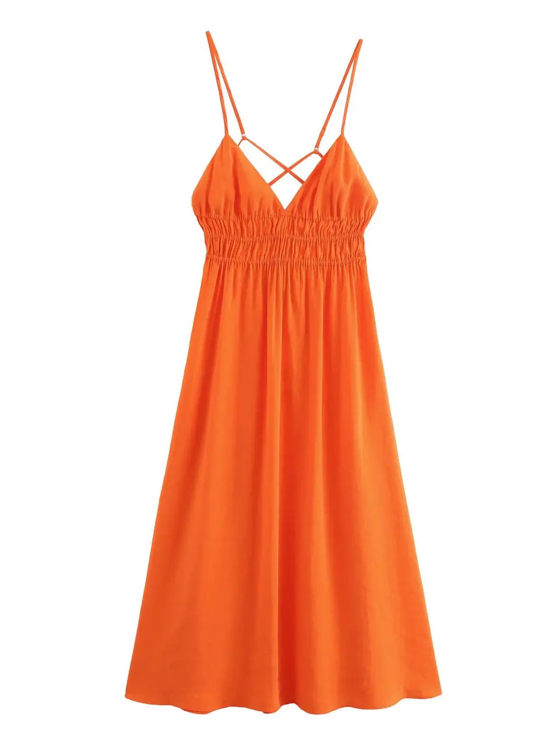 Cami Dresses- Solid Color Cami Dress with Ruched Waist for Summer- Orange- IndioGear.com