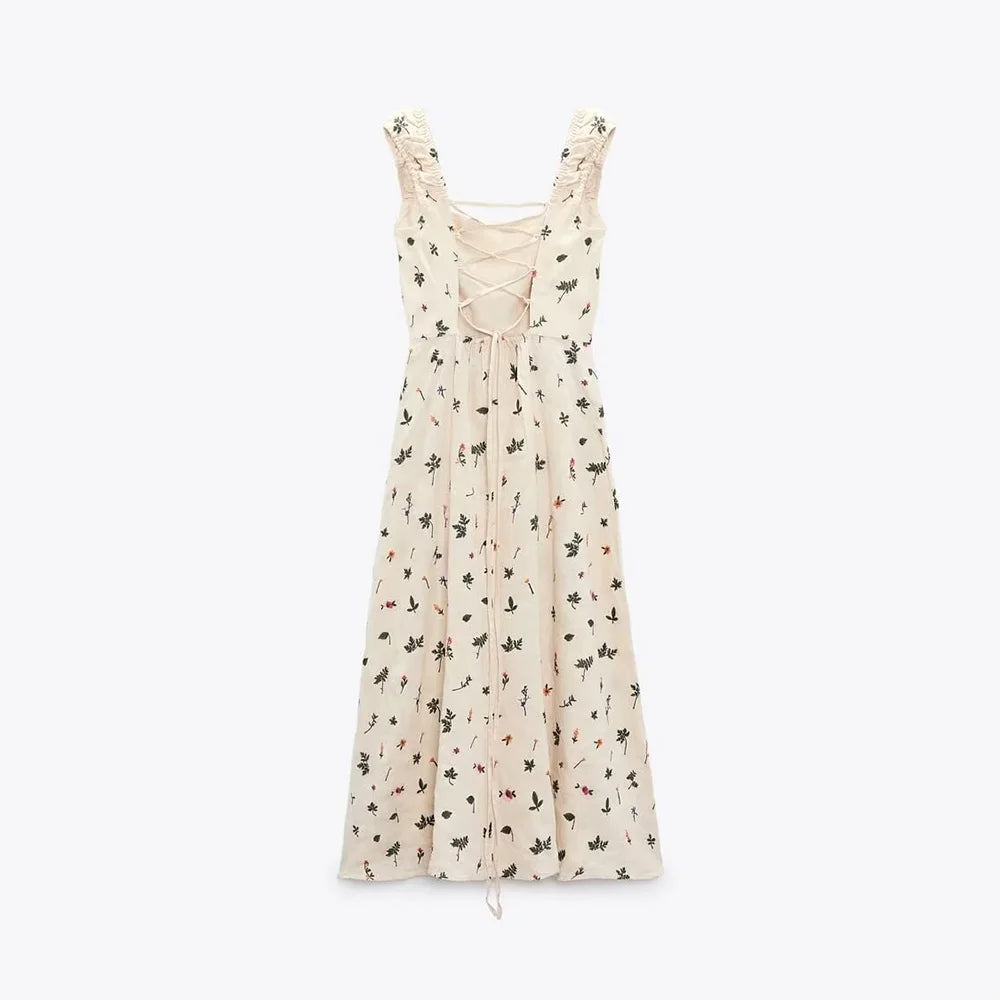 Cami Dresses- Summer Dress with Lace-Up Back and Embroidery- - IndioGear.com