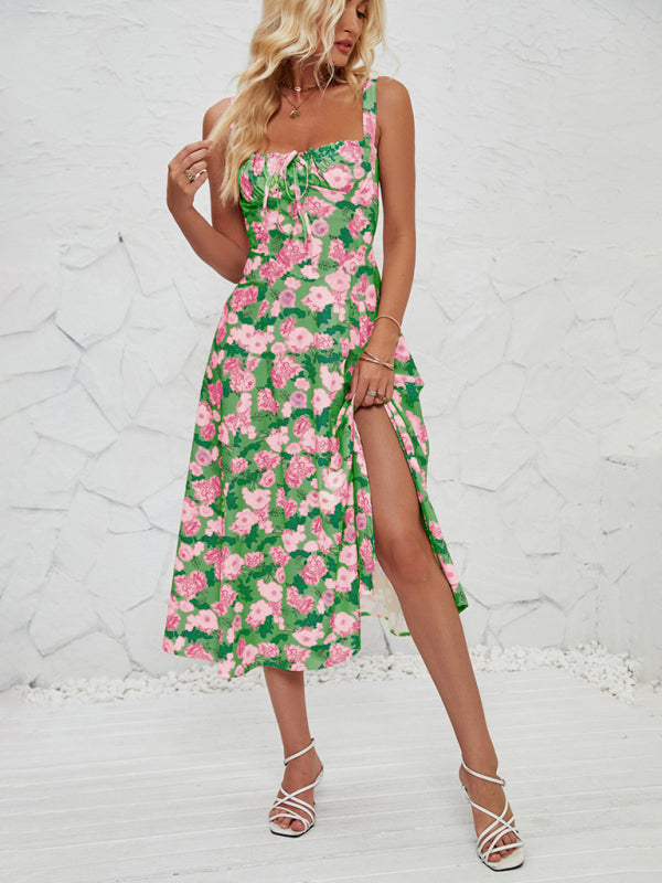 Cami Dresses- Summer Garden Parties Floral A-Line Midi Dress- Green- IndioGear Fashion and Gear