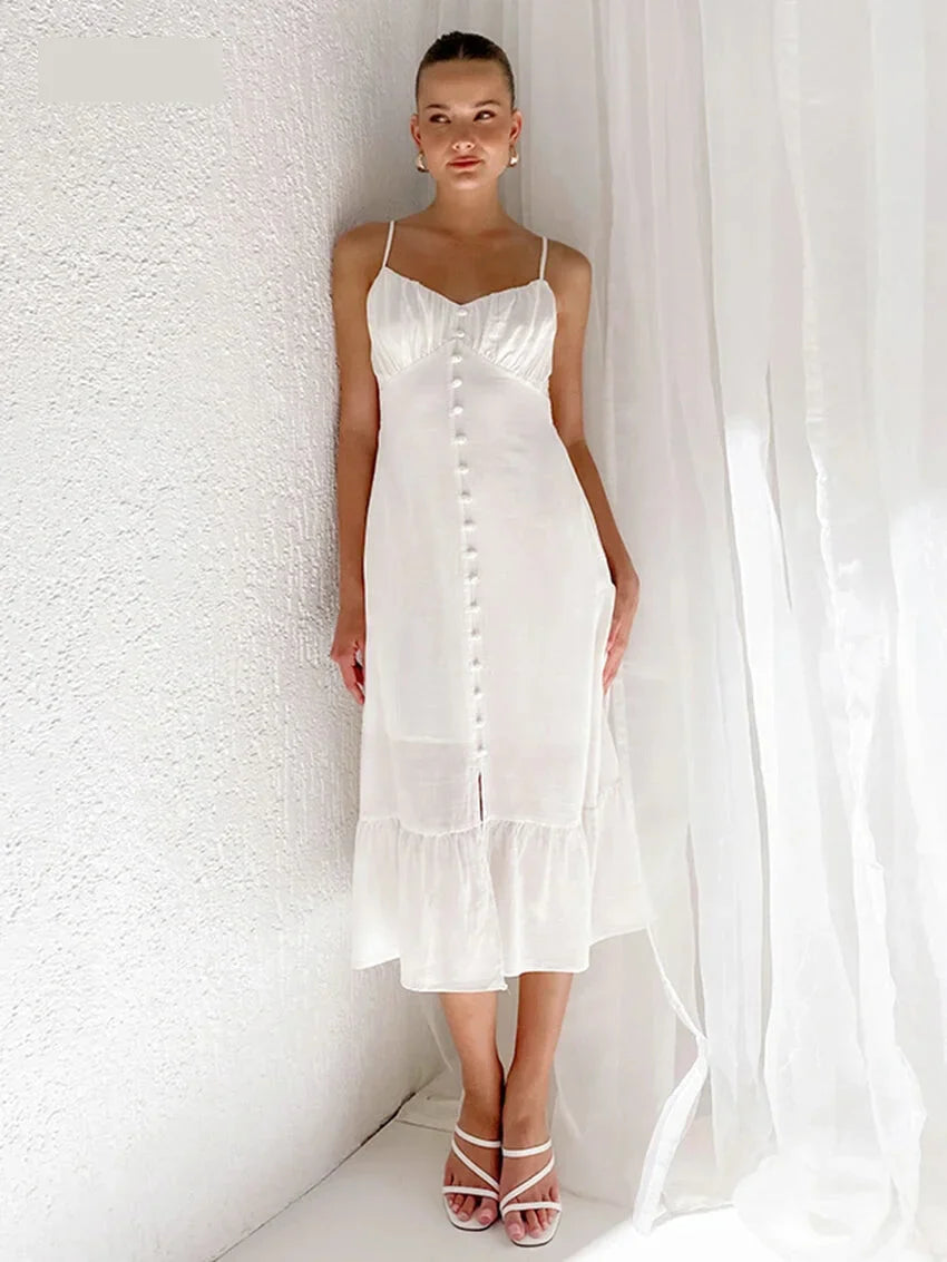 Cami Dresses- Women Mid-length Tiered Dress Ruffled Hem in Cotton- White- IndioGear.com