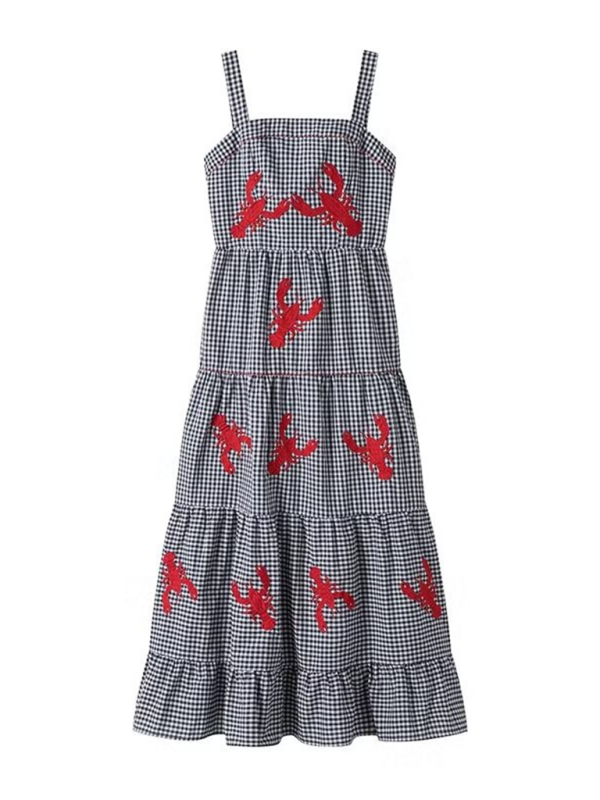 Cami Dresses- Women's Gingham Maxi Dress with Lobster Embroidery- - IndioGear.com