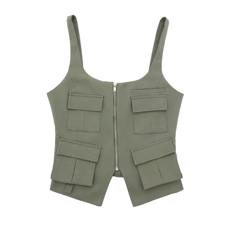 Cami Tops- Multi-Pocket Zip-Up Camo Cami Military-Inspired Top- Green- IndioGear Women Clothing