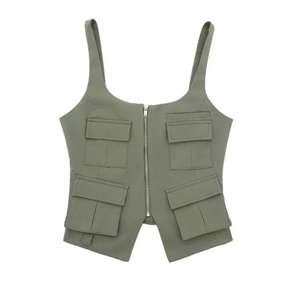 Cami Tops- Multi-Pocket Zip-Up Camo Cami Military-Inspired Top- Green- IndioGear Women Clothing