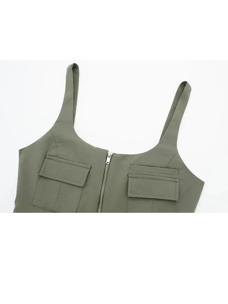 Cami Tops- Multi-Pocket Zip-Up Camo Cami Military-Inspired Top- - IndioGear Women Clothing