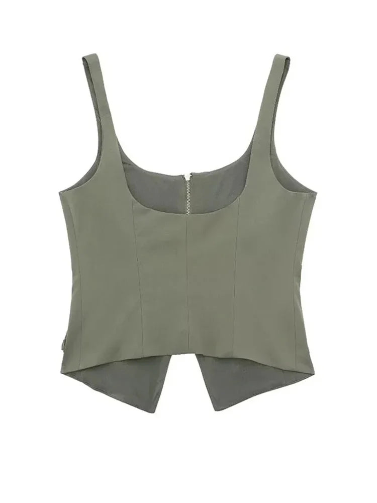 Cami Tops- Multi-Pocket Zip-Up Camo Cami Military-Inspired Top- - IndioGear Women Clothing