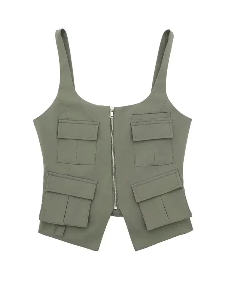 Cami Tops- Multi-Pocket Zip-Up Camo Cami Military-Inspired Top- - IndioGear Women Clothing