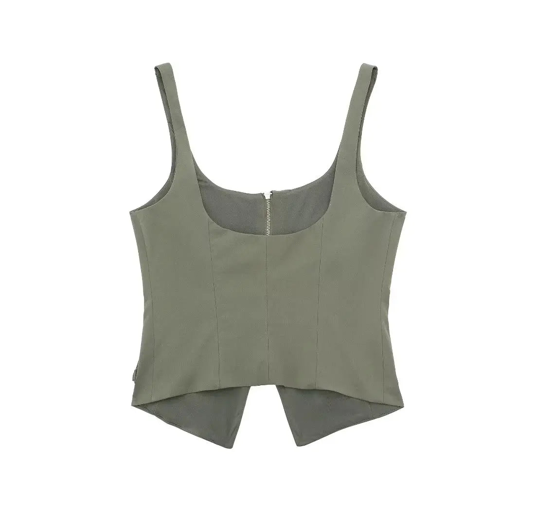 Cami Tops- Multi-Pocket Zip-Up Camo Cami Military-Inspired Top- - IndioGear Women Clothing