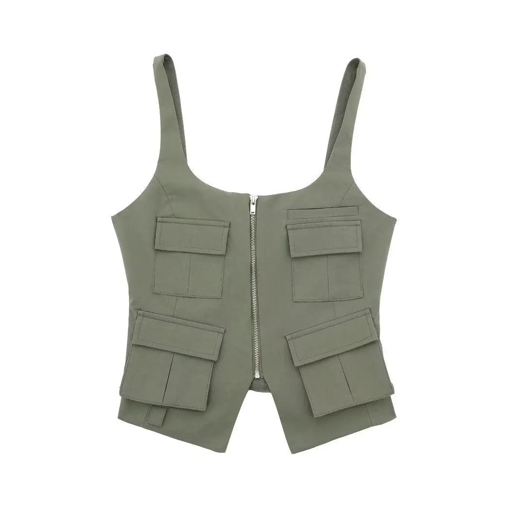 Cami Tops- Multi-Pocket Zip-Up Camo Cami Military-Inspired Top- - IndioGear Women Clothing