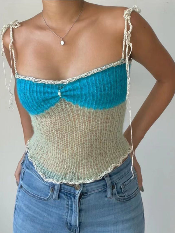 Cami Tops- Sheer Women's Contrast Bust Knit Cami Top- Blue- IndioGear Fashion and Gear