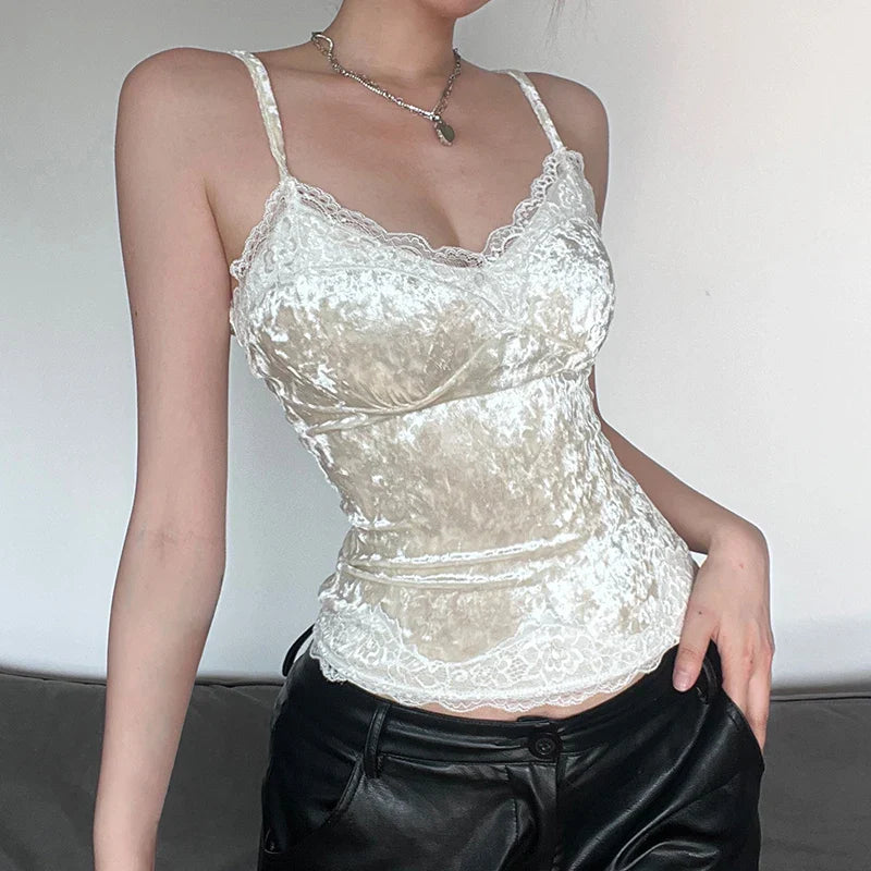 Cami Tops- Velvet Cami with Lace Trim - Women's Velour Top- - IndioGear.com