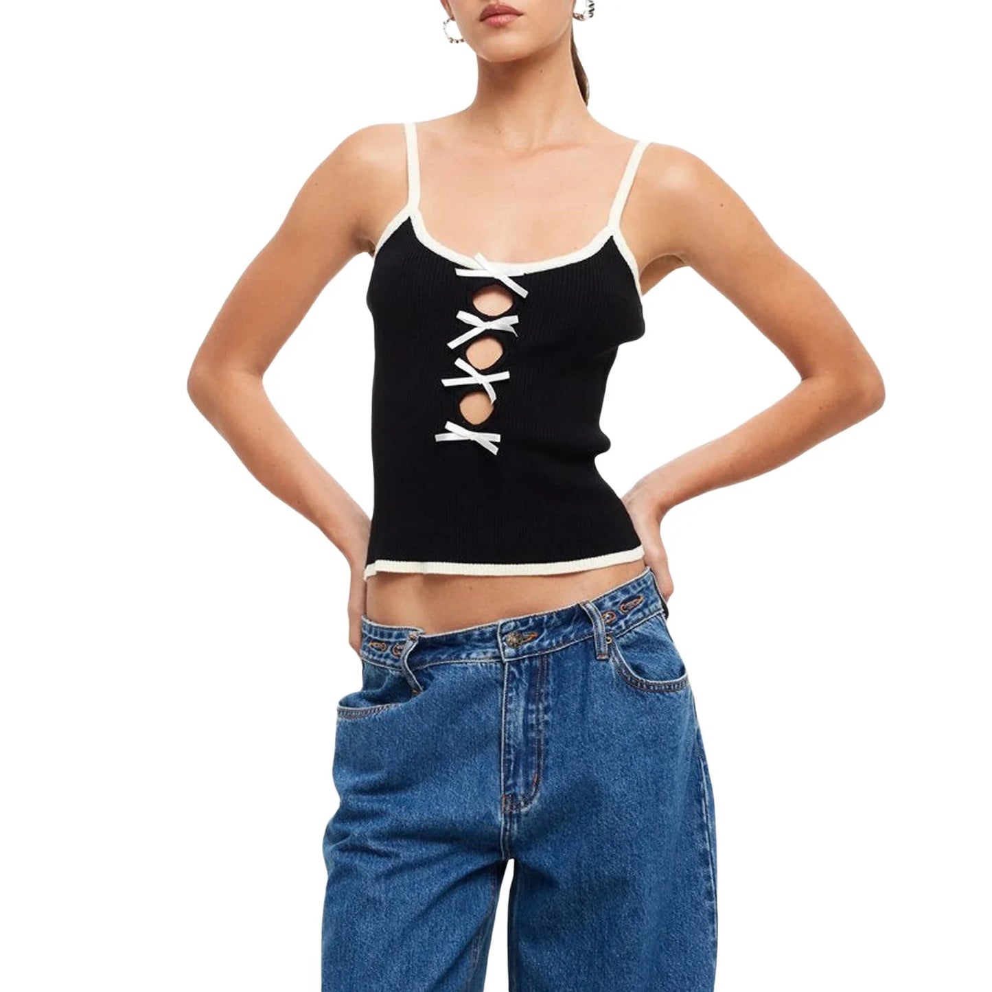 Cami Tops- Women Lace-Up Crop Top in Contrast Knitting- Black- IndioGear.com