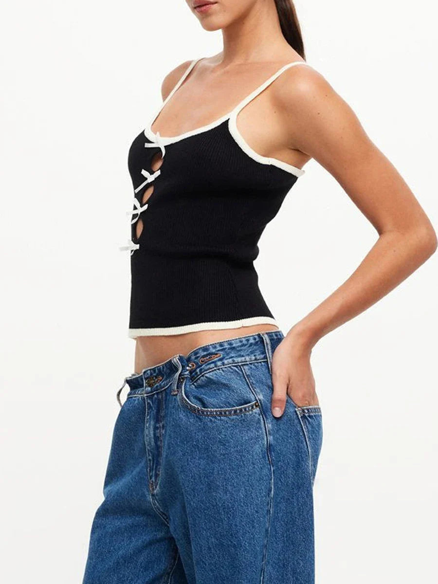 Cami Tops- Women Lace-Up Crop Top in Contrast Knitting- - IndioGear.com