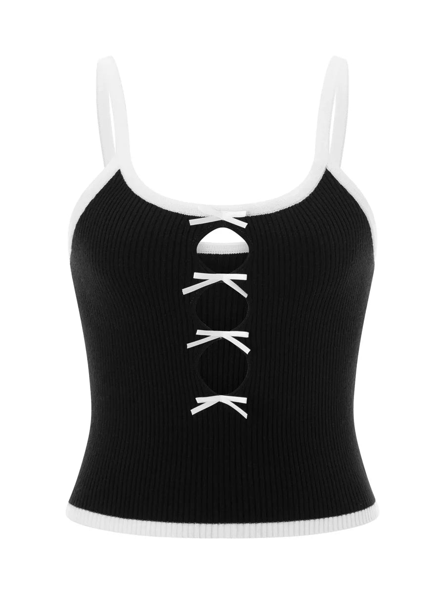 Cami Tops- Women Lace-Up Crop Top in Contrast Knitting- - IndioGear.com