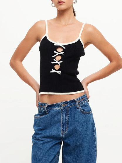 Cami Tops- Women Lace-Up Crop Top in Contrast Knitting- - IndioGear.com