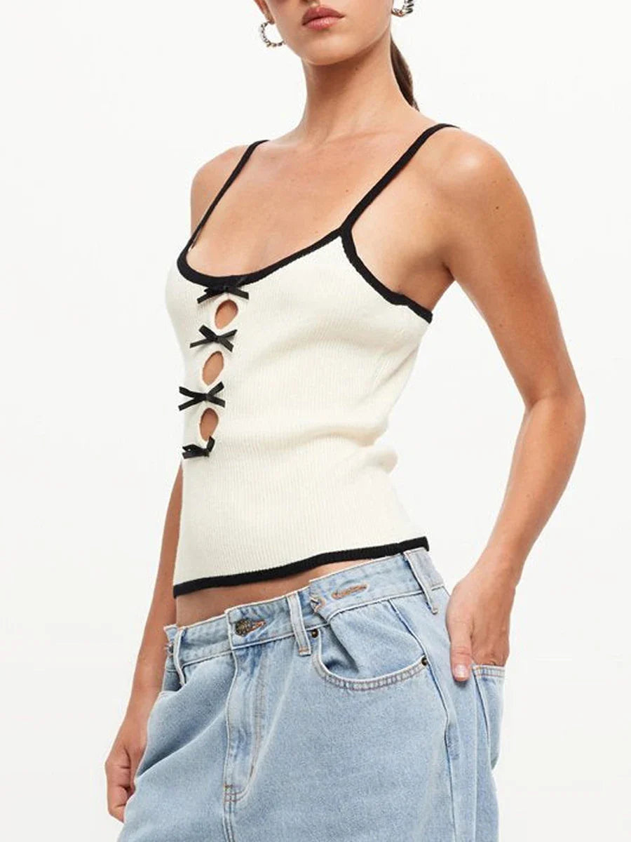 Cami Tops- Women Lace-Up Crop Top in Contrast Knitting- - IndioGear.com