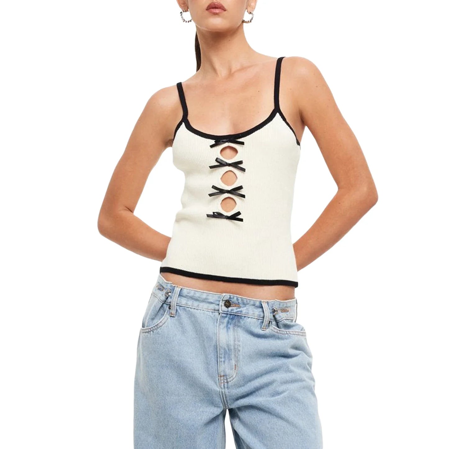 Cami Tops- Women Lace-Up Crop Top in Contrast Knitting- White- IndioGear.com