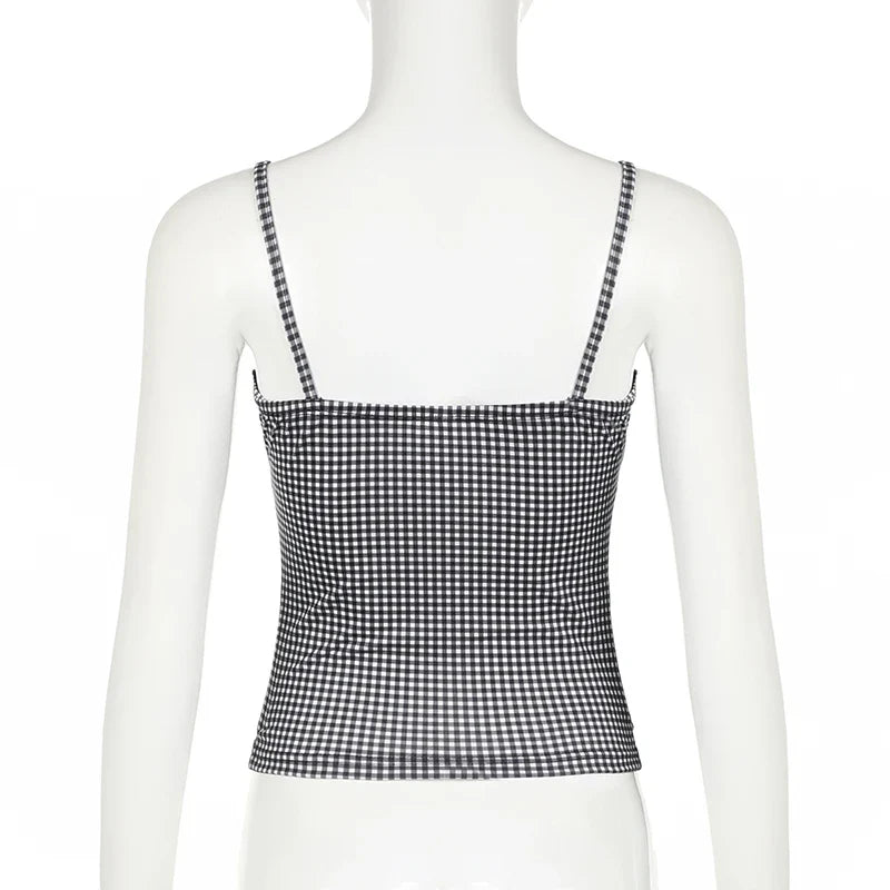 Cami Tops- Women Sleeveless Plaid Top - Gingham Lace Accents Cami- - IndioGear.com