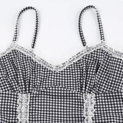 Cami Tops- Women Sleeveless Plaid Top - Gingham Lace Accents Cami- - IndioGear.com