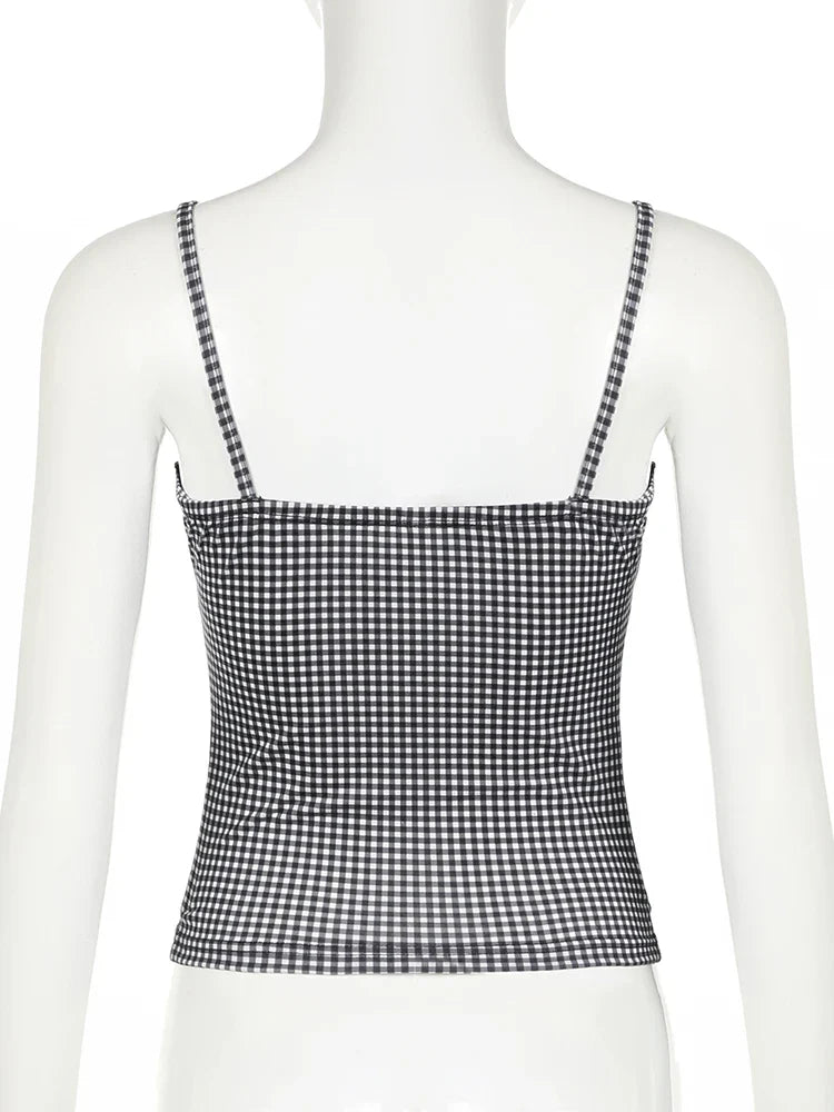 Cami Tops- Women Sleeveless Plaid Top - Gingham Lace Accents Cami- - IndioGear.com