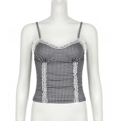 Cami Tops- Women Sleeveless Plaid Top - Gingham Lace Accents Cami- - IndioGear.com