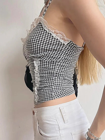 Cami Tops- Women Sleeveless Plaid Top - Gingham Lace Accents Cami- - IndioGear.com