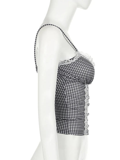 Cami Tops- Women Sleeveless Plaid Top - Gingham Lace Accents Cami- - IndioGear.com